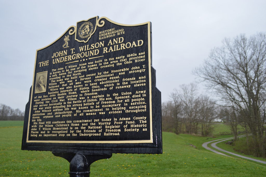 Historical marker at the John T. Wilson homestead, a stop on the Underground Railroad in Adams County, Ohio