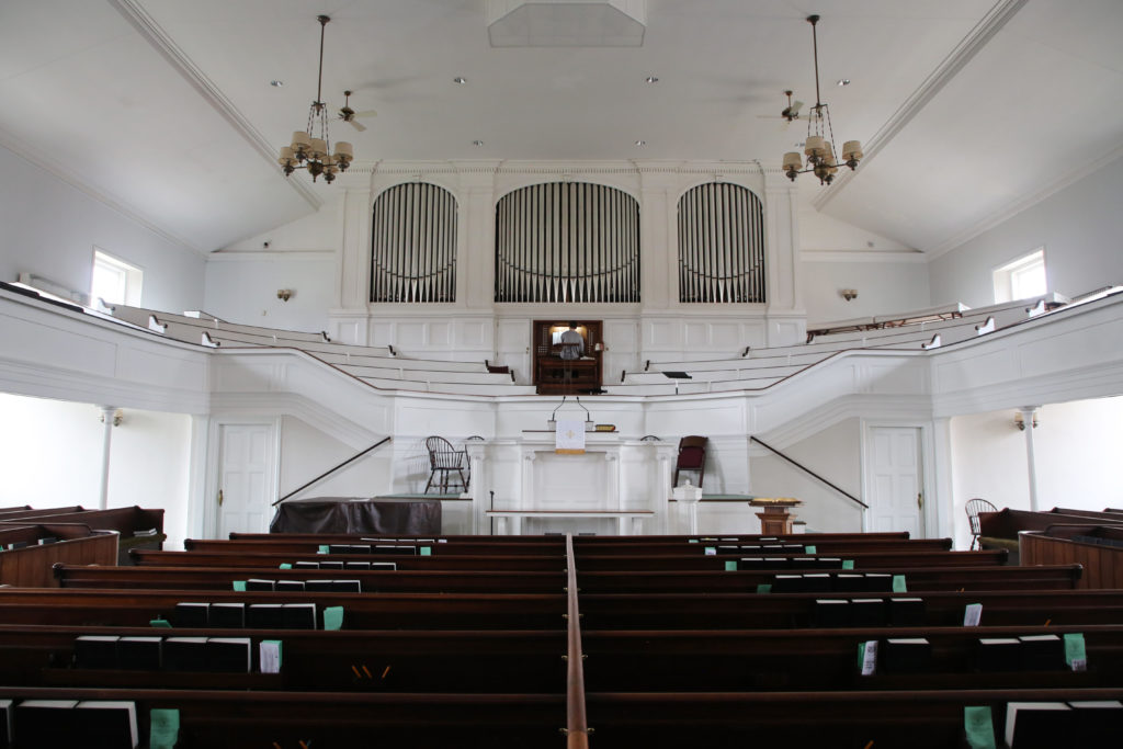 The interior of the First Church in Oberlin, Ohio